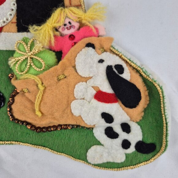 Vintage Handmade Felt Sequins Christmas Stocking with Santa, Fireplace, Presents - Picture 7 of 16